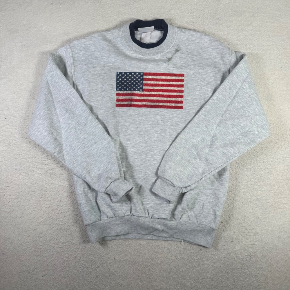 Morning Sun Sweatshirt Women XL Grey Good American Flag Glitter Double Collar